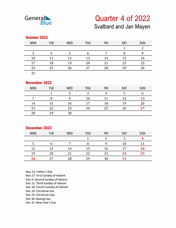 Printable Three Month Calendar with Svalbard and Jan Mayen Holidays