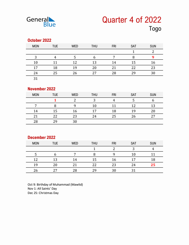 Printable Three Month Calendar with Togo Holidays