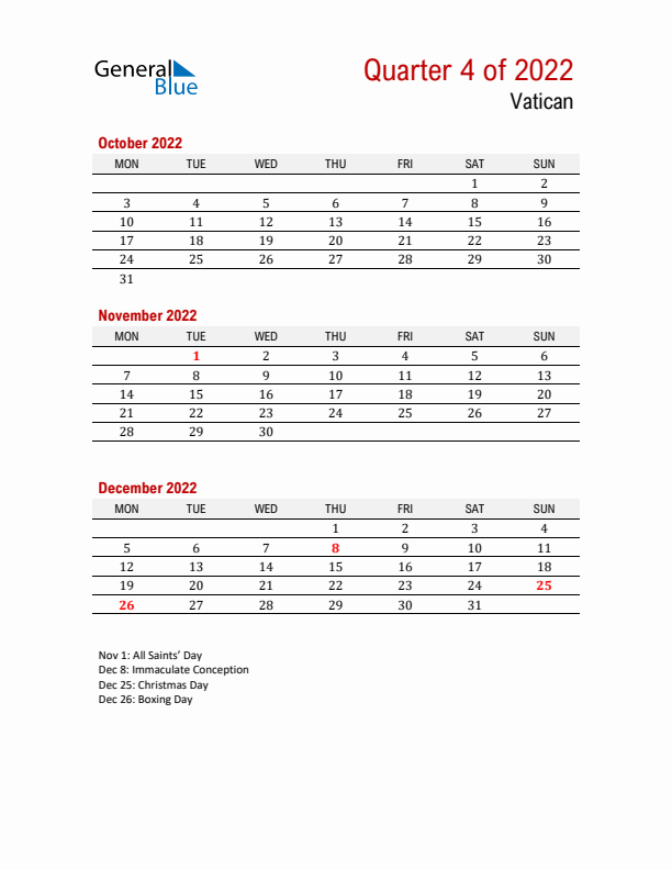 Printable Three Month Calendar with Vatican Holidays