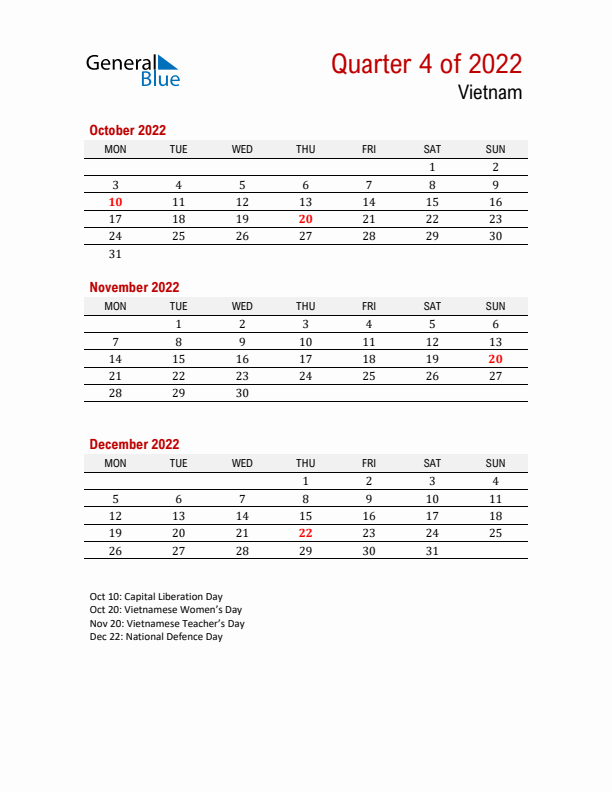 Printable Three Month Calendar with Vietnam Holidays