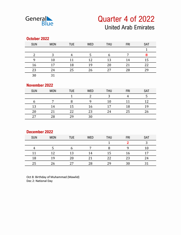 Printable Three Month Calendar with United Arab Emirates Holidays