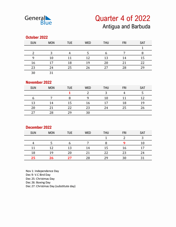 Printable Three Month Calendar with Antigua and Barbuda Holidays