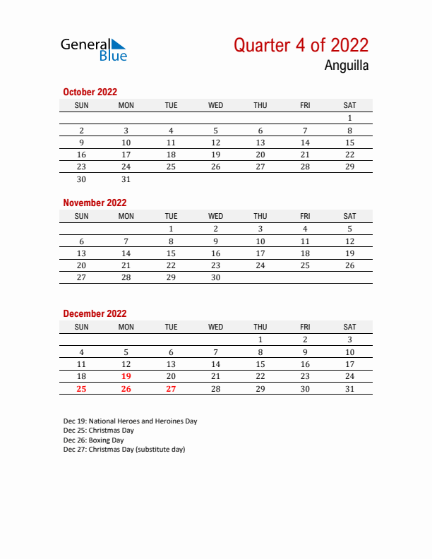 Printable Three Month Calendar with Anguilla Holidays