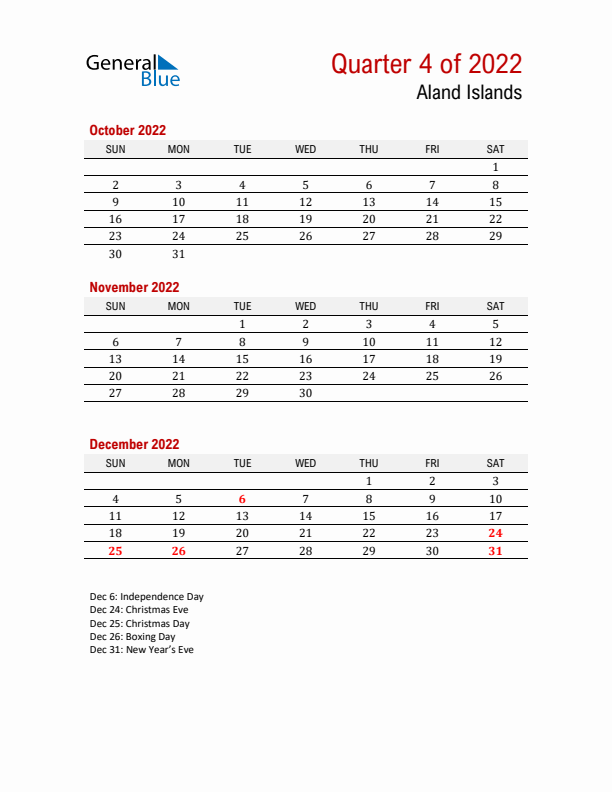 Printable Three Month Calendar with Aland Islands Holidays