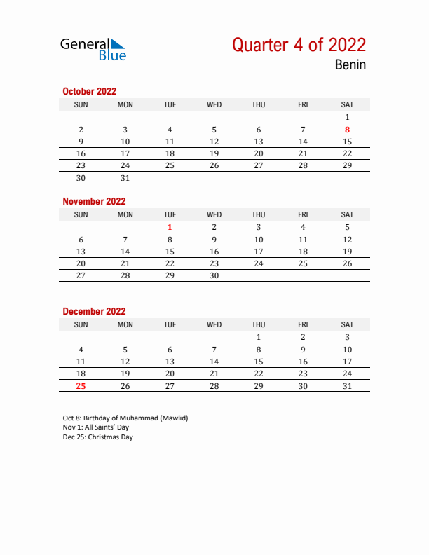 Printable Three Month Calendar with Benin Holidays