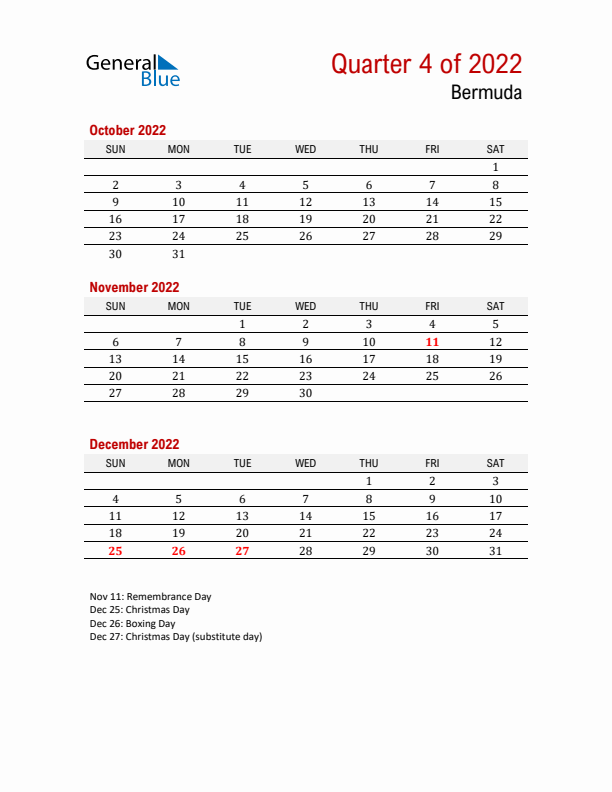 Printable Three Month Calendar with Bermuda Holidays