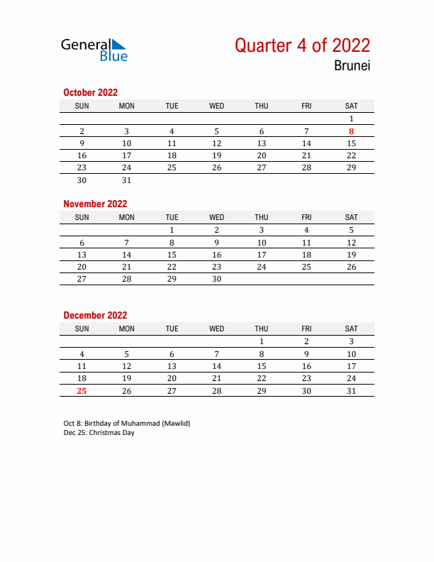 Printable Three Month Calendar with Brunei Holidays