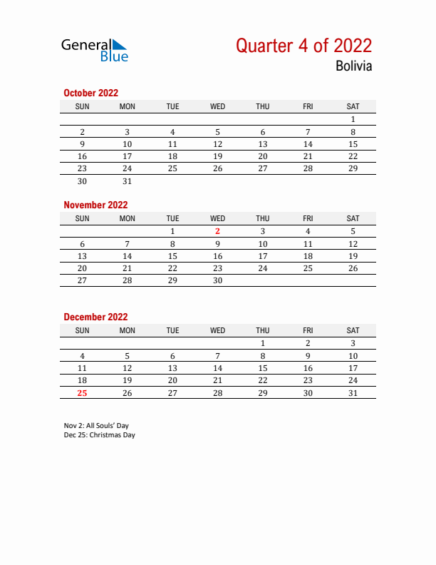 Printable Three Month Calendar with Bolivia Holidays