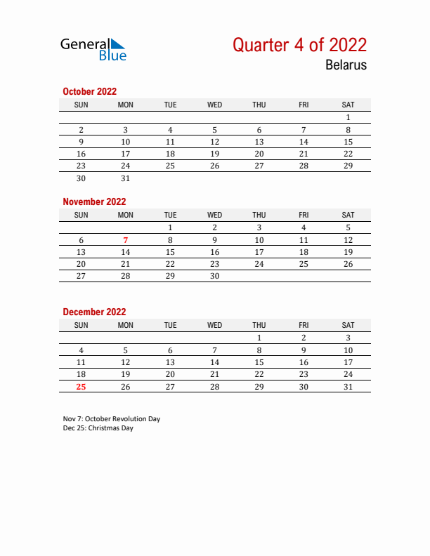 Printable Three Month Calendar with Belarus Holidays