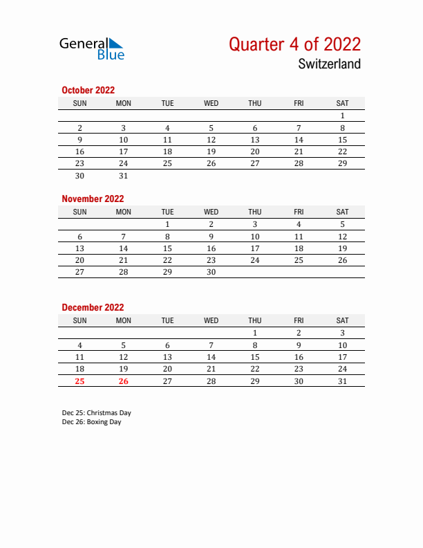 Printable Three Month Calendar with Switzerland Holidays