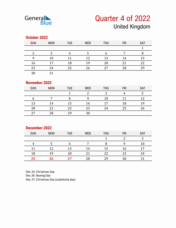 Printable Three Month Calendar with United Kingdom Holidays