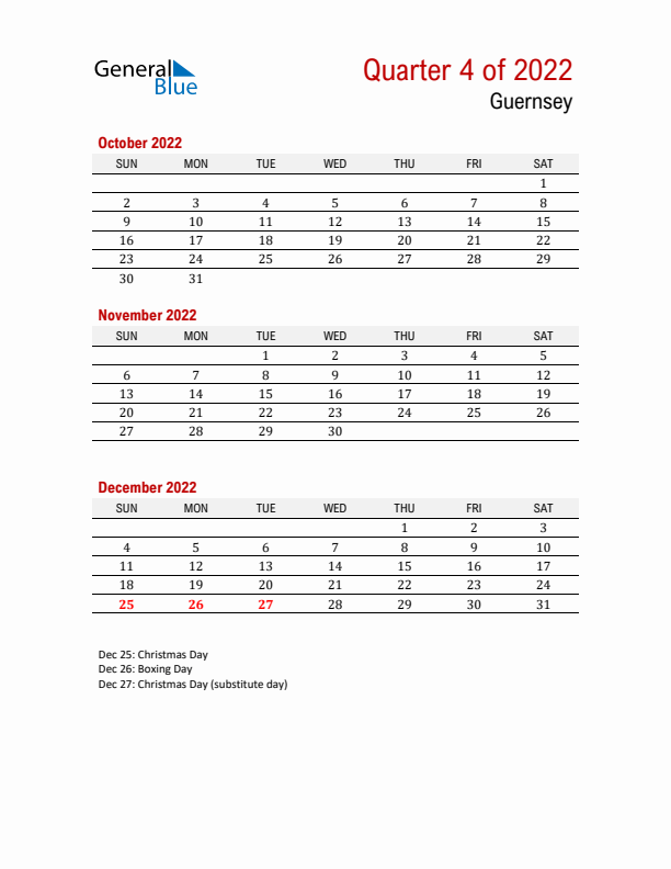 Printable Three Month Calendar with Guernsey Holidays