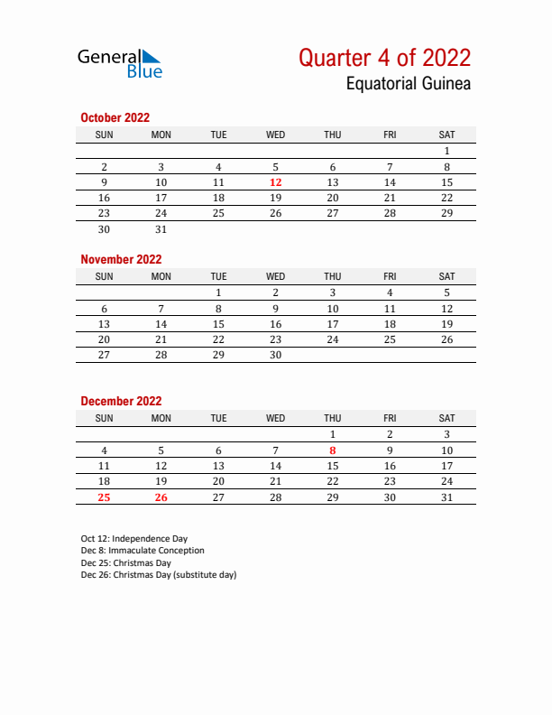 Printable Three Month Calendar with Equatorial Guinea Holidays