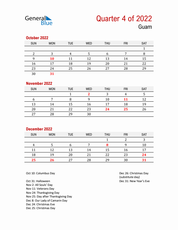 Printable Three Month Calendar with Guam Holidays