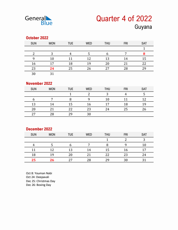 Printable Three Month Calendar with Guyana Holidays