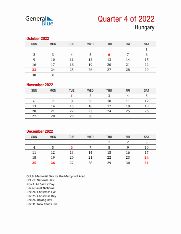 Printable Three Month Calendar with Hungary Holidays