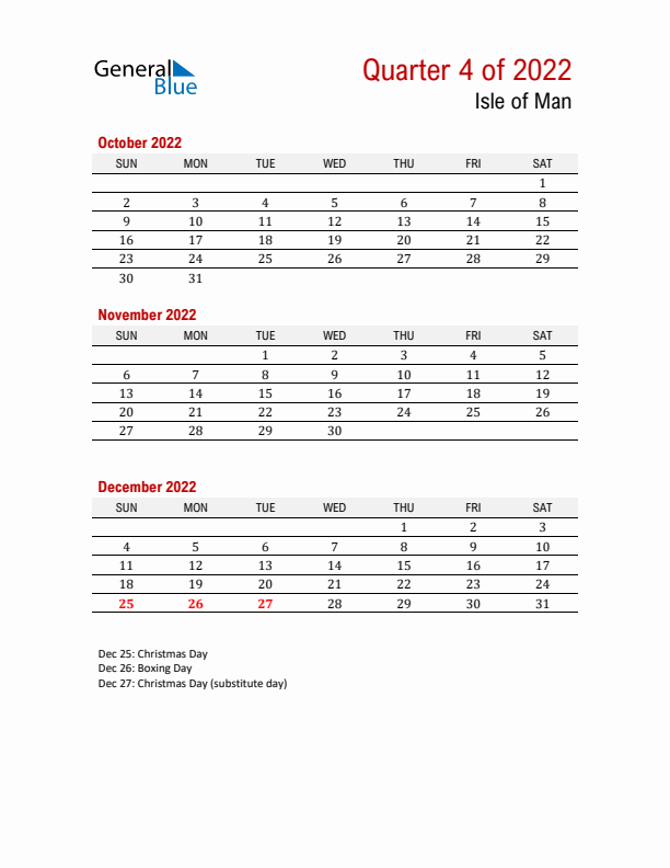 Printable Three Month Calendar with Isle of Man Holidays