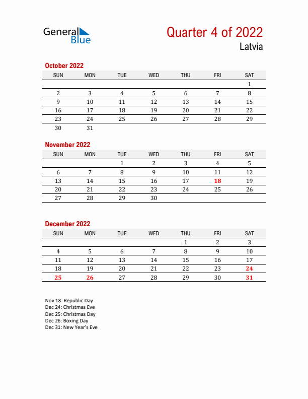 Printable Three Month Calendar with Latvia Holidays