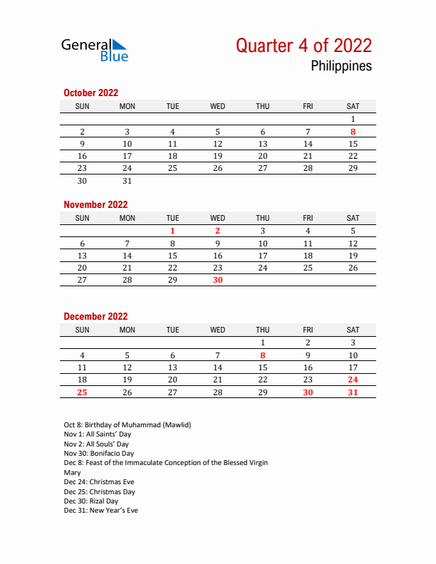 Printable Three Month Calendar with Philippines Holidays