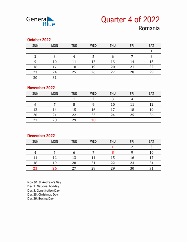 Printable Three Month Calendar with Romania Holidays