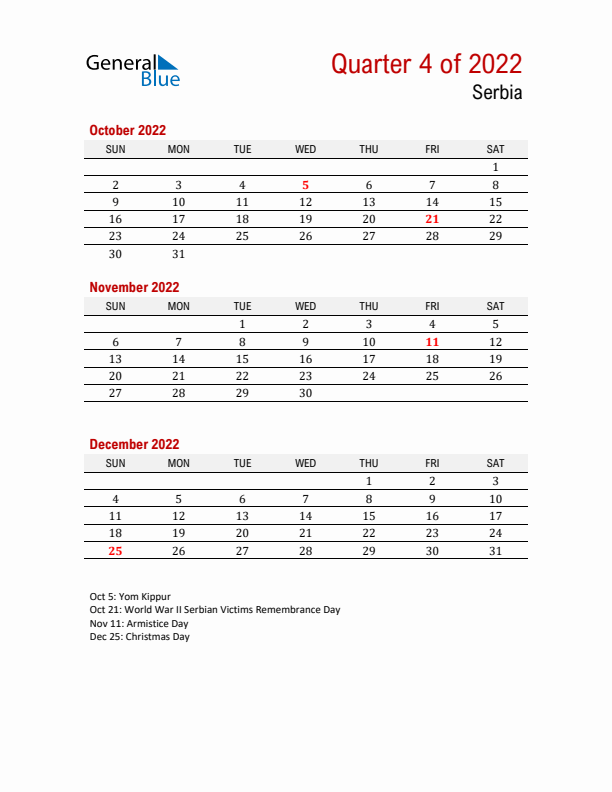 Printable Three Month Calendar with Serbia Holidays