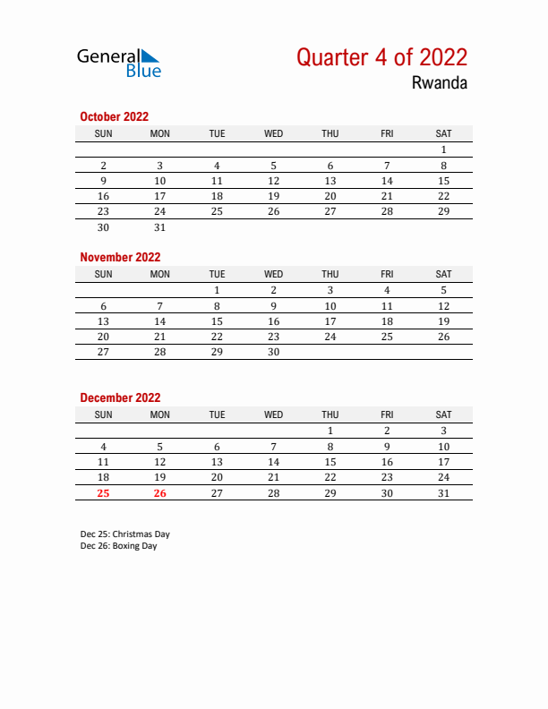 Printable Three Month Calendar with Rwanda Holidays