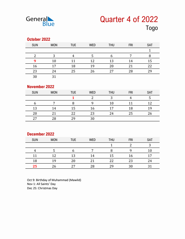 Printable Three Month Calendar with Togo Holidays