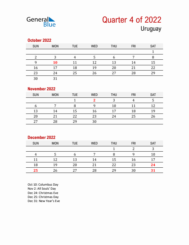 Printable Three Month Calendar with Uruguay Holidays