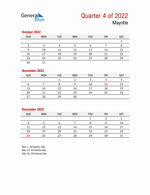 Printable Three Month Calendar with Mayotte Holidays