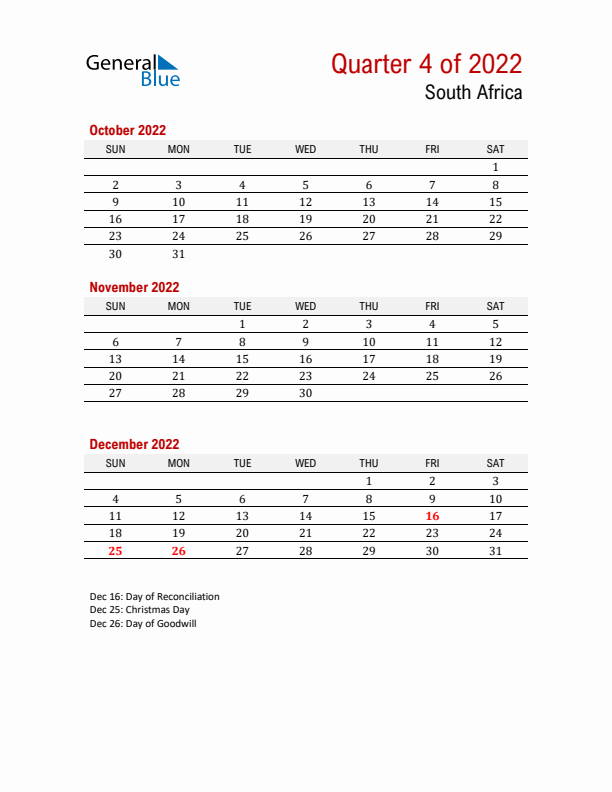 Printable Three Month Calendar with South Africa Holidays