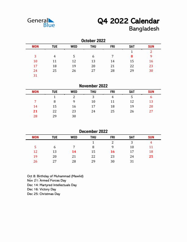 2022 Q4 Calendar with Holidays List for Bangladesh