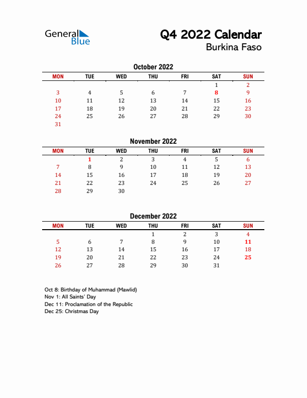 2022 Q4 Calendar with Holidays List for Burkina Faso