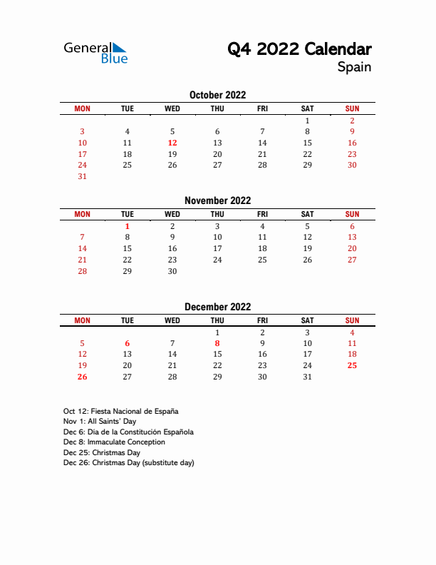 2022 Q4 Calendar with Holidays List for Spain