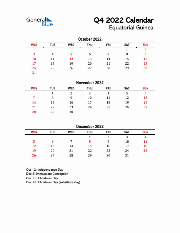 2022 Q4 Calendar with Holidays List for Equatorial Guinea