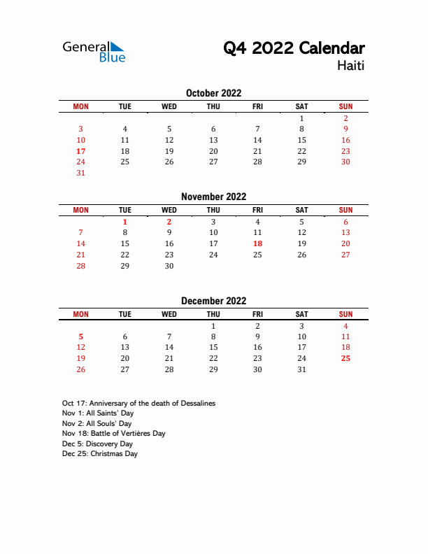 2022 Q4 Calendar with Holidays List for Haiti