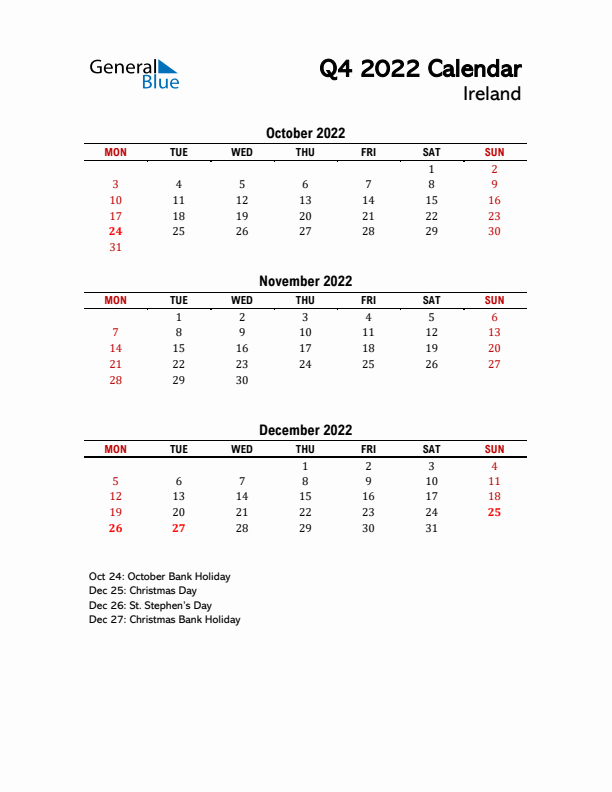 2022 Q4 Calendar with Holidays List for Ireland