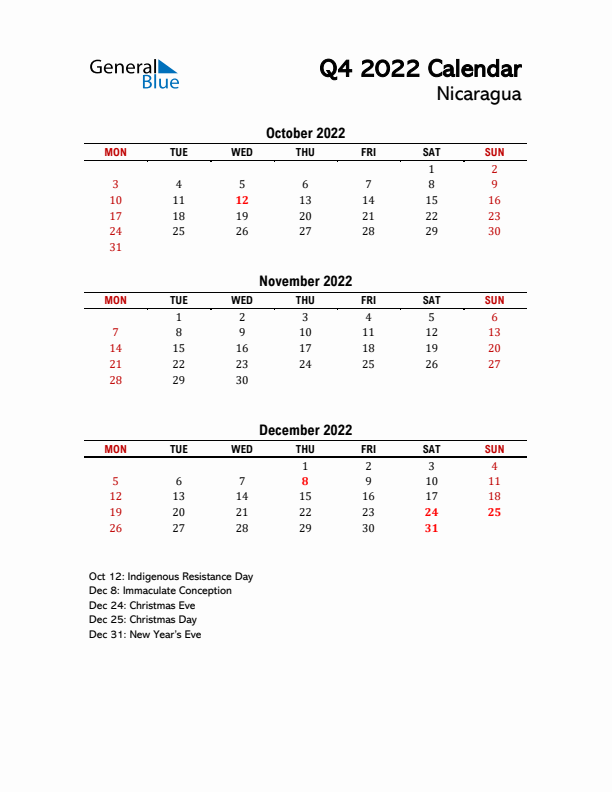 2022 Q4 Calendar with Holidays List for Nicaragua