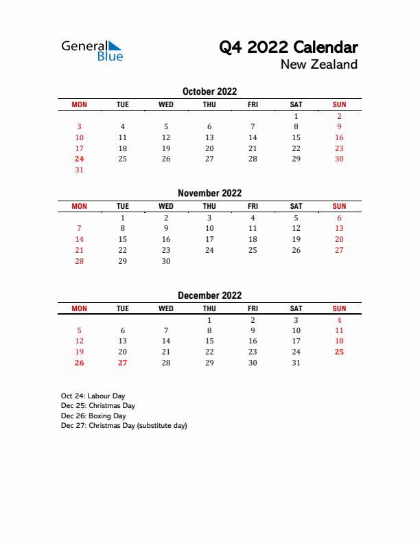 2022 Q4 Calendar with Holidays List for New Zealand