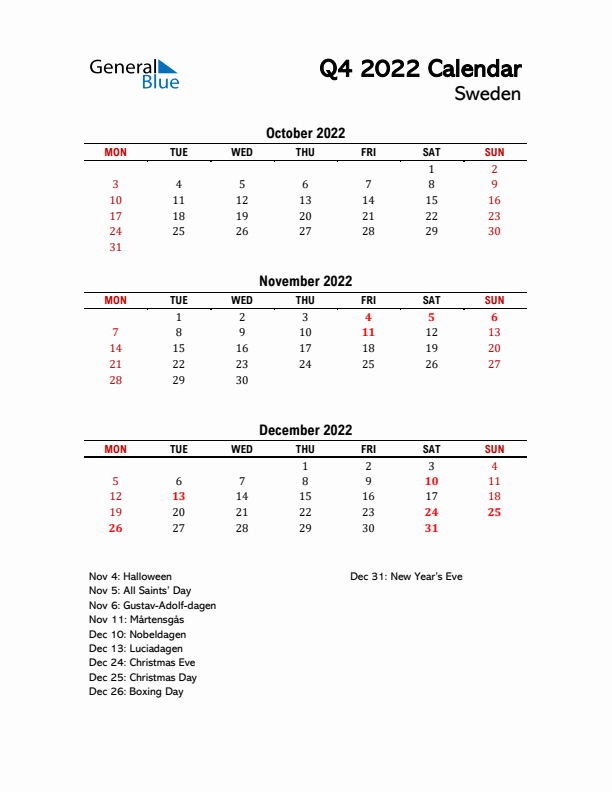 2022 Q4 Calendar with Holidays List for Sweden