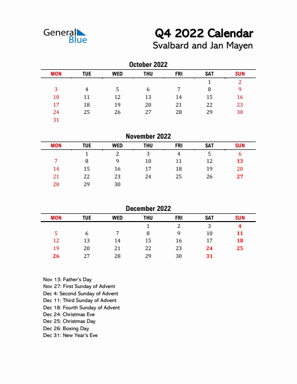 2022 Q4 Calendar with Holidays List for Svalbard and Jan Mayen