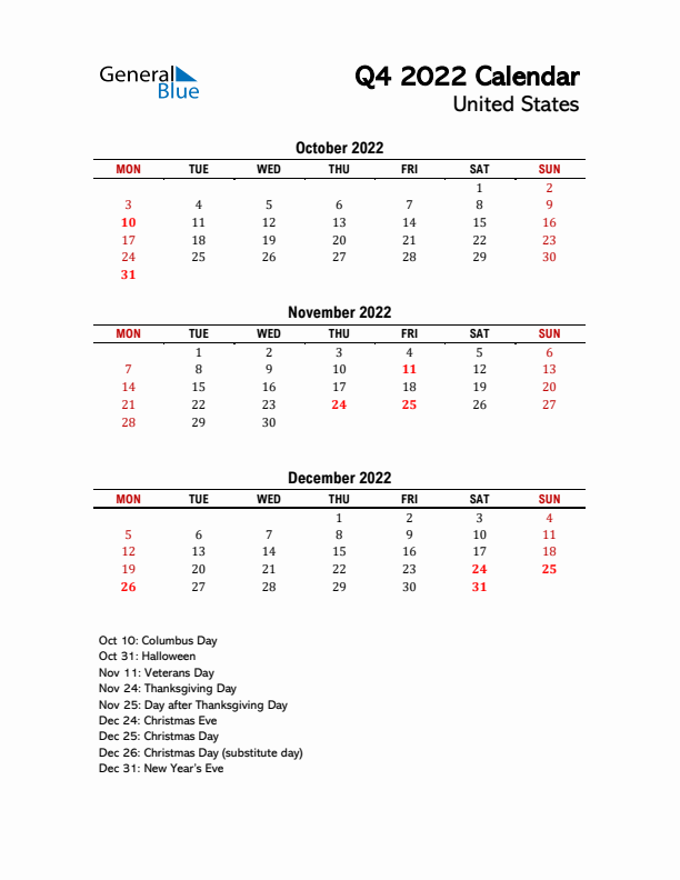 2022 Q4 Calendar with Holidays List for United States