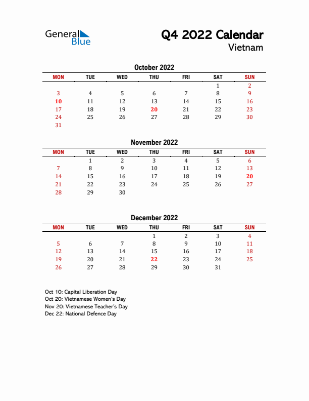 2022 Q4 Calendar with Holidays List for Vietnam