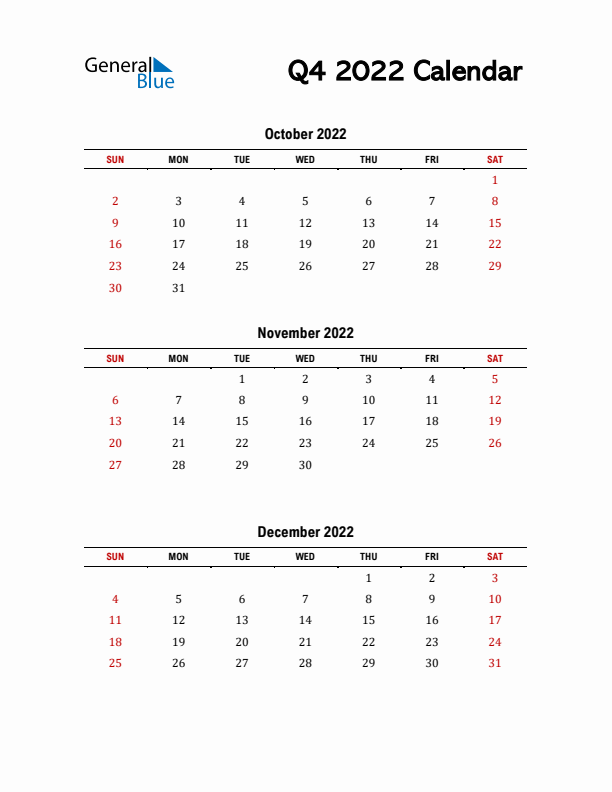 2022 Q4 Calendar with Red Weekend