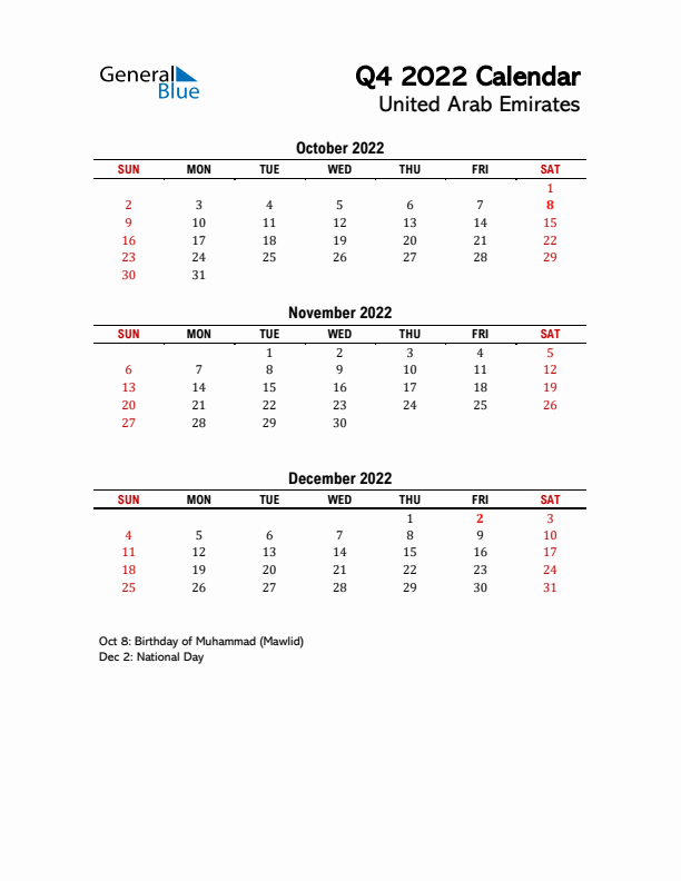 2022 Q4 Calendar with Holidays List for United Arab Emirates