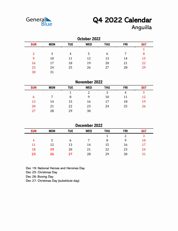 2022 Q4 Calendar with Holidays List for Anguilla