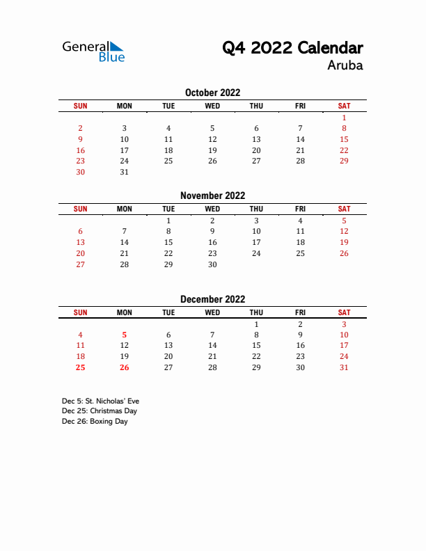 2022 Q4 Calendar with Holidays List for Aruba