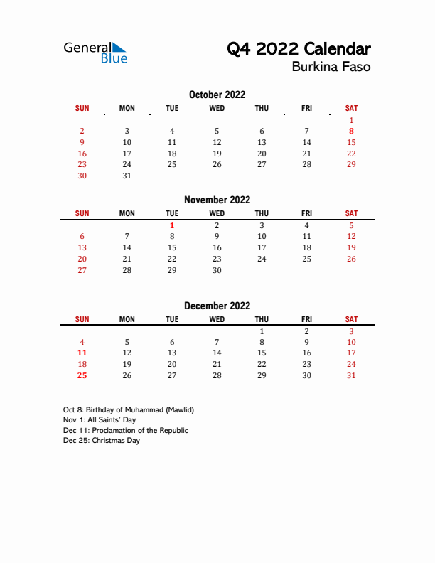 2022 Q4 Calendar with Holidays List for Burkina Faso