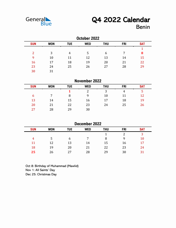 2022 Q4 Calendar with Holidays List for Benin