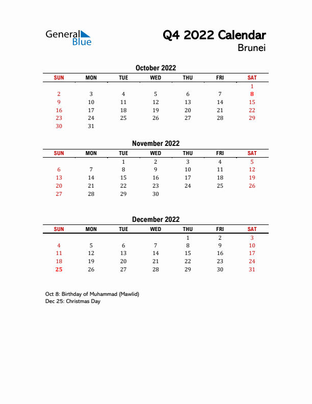 2022 Q4 Calendar with Holidays List for Brunei