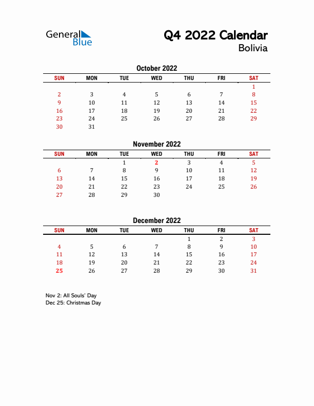 2022 Q4 Calendar with Holidays List for Bolivia